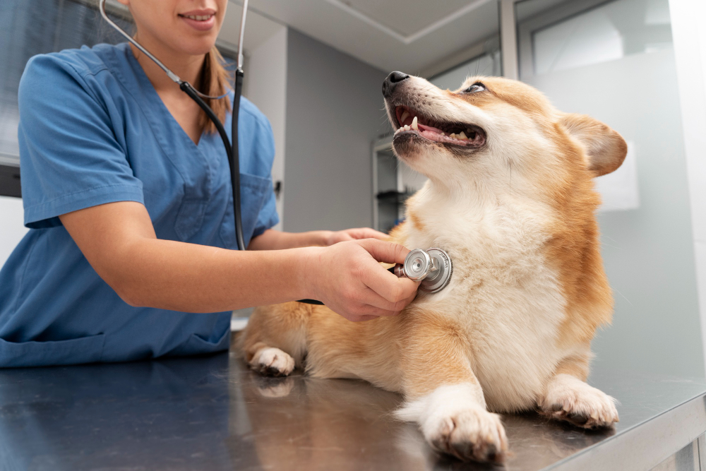 Veterinaria comprueba las palpitaciones de un perro
